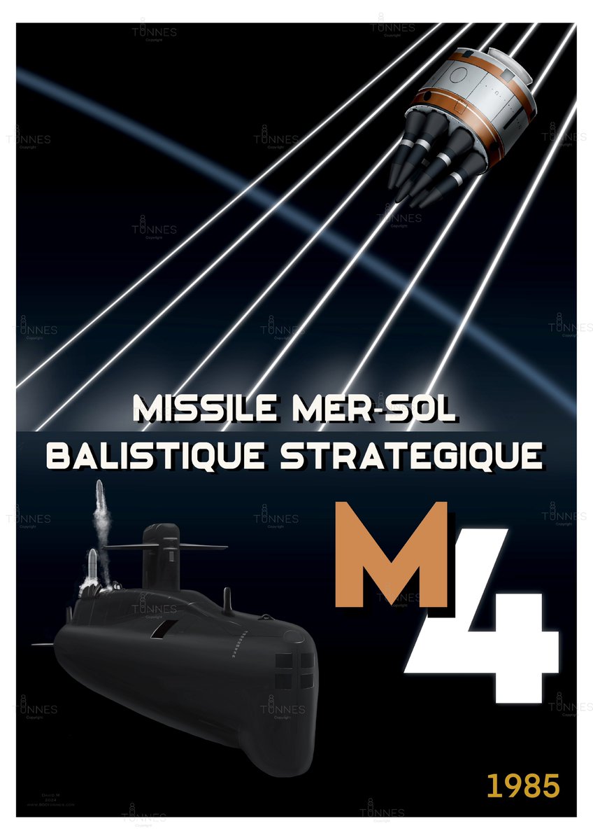 Apparu en 1985, le M4 innove par sa capacité de frapper, avec un seul missile, plusieurs cibles. C’est le « mirvage« : la coiffe abrite ici 6 têtes nucléaires de 150Kt.
Il est embarqué sur L’inflexible, conçu pour emporter le M4. Quatre autres SNLE seront refondus à ce standard.