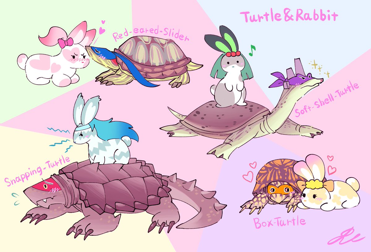 Turtle ＆ Rabbit🐢🐰✨(animal form) Rise turtles i'm lot of fun to draw because all the siblings are of different turtle species.