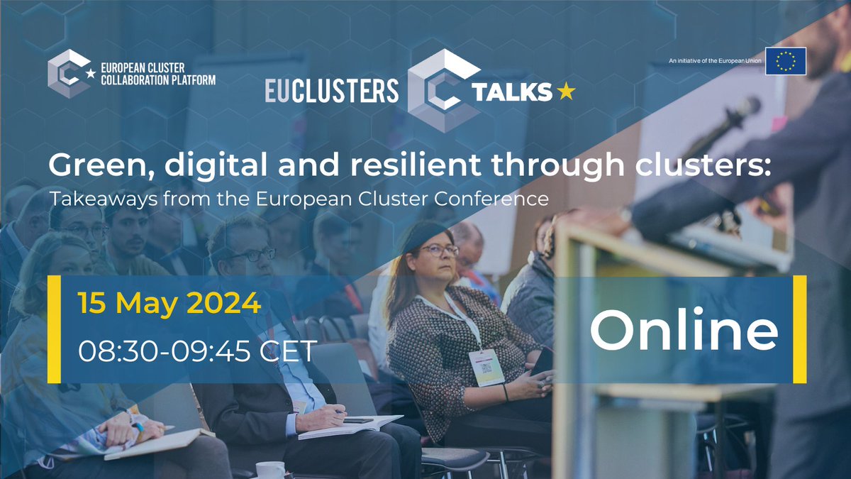 Recap this year's #EUClusterConference in tomorrow's #EUClustersTalks! 🗣️ We'll be going over all the key takeaways and important talking points, so whether you were there in person or couldn't make it, this talk is for you! Register 👉 #ECCP: clustercollaboration.eu/content/green-…