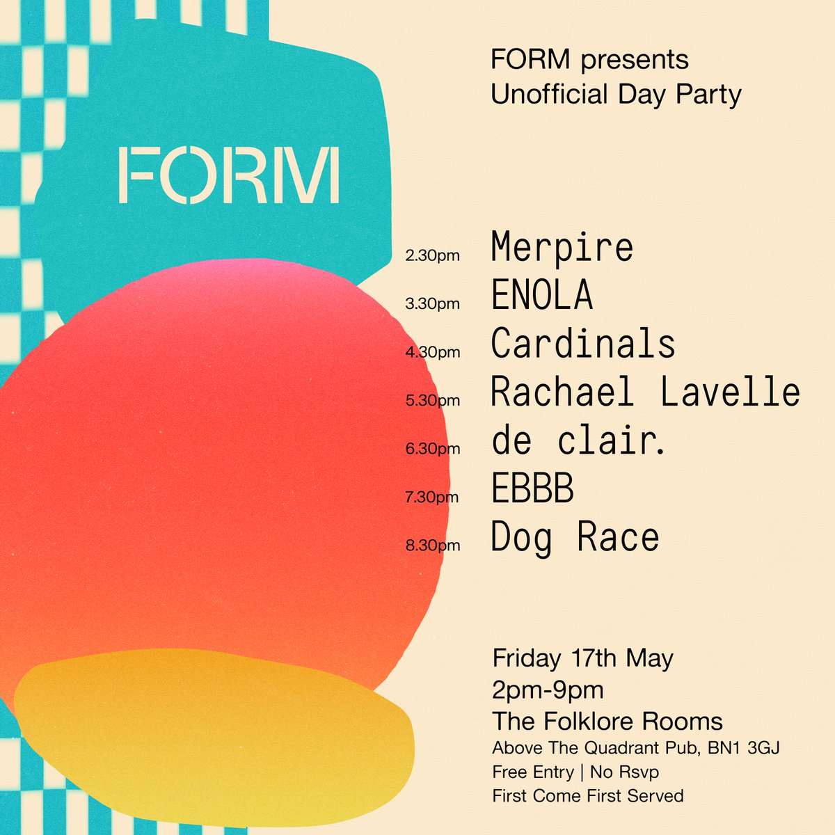 Thrilled to announce our unofficial day party at @folklorerooms, Brighton this Friday 17th May! Featuring 7 of the artists we’re most excited about this year: Merpire / @enolaenolamusic / @bandcardinals / @rachael_lavelle / de clair / @EBBband / @dograceband FREE ENTRY (no