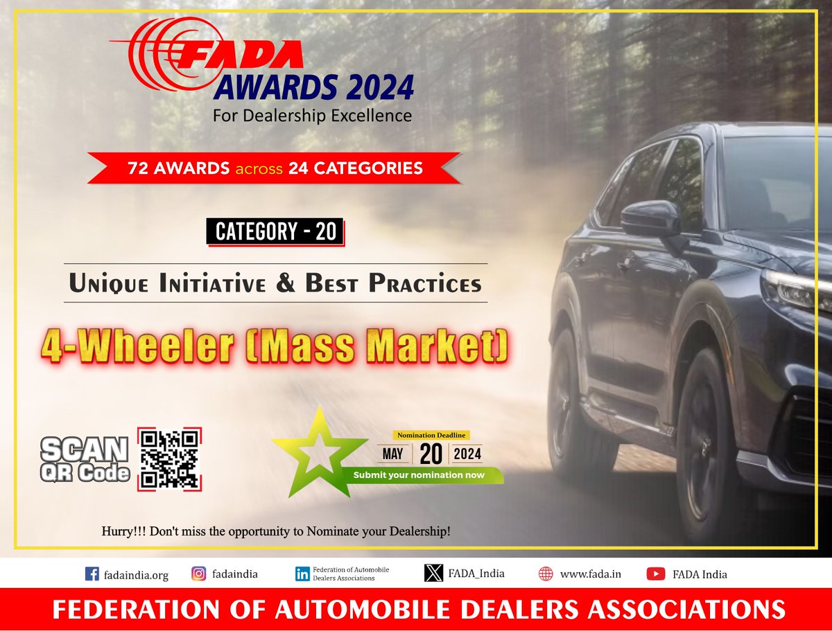 Nominations are now OPEN for the coveted FADA Dealership Excellence Awards 2024 in Unique Initiative & Best Practices in 4-W (Mass Market) category. Don't miss your chance to drive towards greatness! Link: fada.in/event-details.… #FADA #ONOA #FADAAwards2024 #NominationsOpen