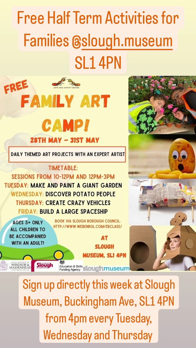 Two weeks from today @AntzKidz will be delivering Family Art Camp at Slough Museum with Artist in Residence Carlos Cortes. Four mobile murals in 4 days (28-31 May) inspired by elements of Slough's heritage. Creative fun for May half term. Booking link below. @SloughCouncil