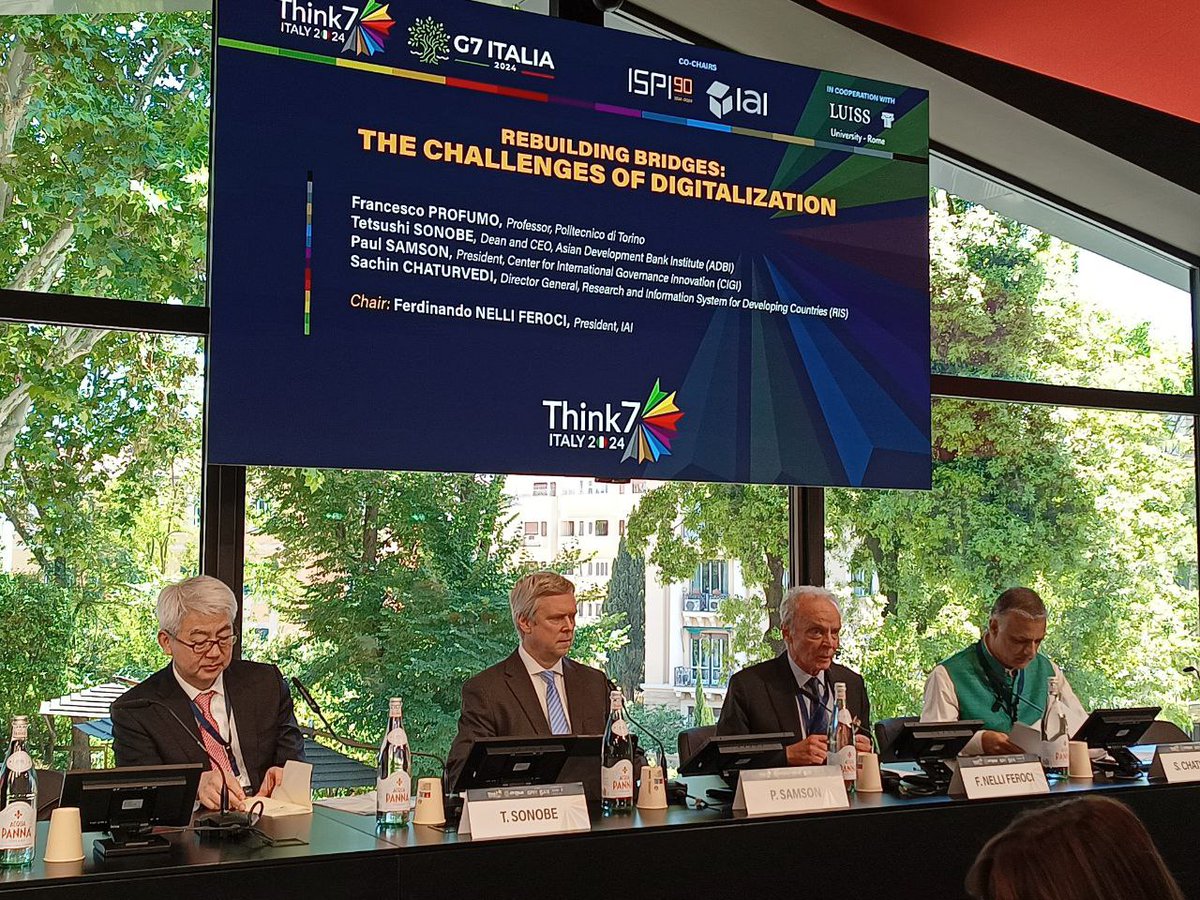 Rebuilding Bridges: The Challenges of Digitalisation. The second panel of the T7 Italy Summit is chaired by Ferdinando Nelli Feroci and features @F_Profumo, Tetsushi Sonobe @ADBInstitute, @PaulRSamson & @Sachin_Chat.