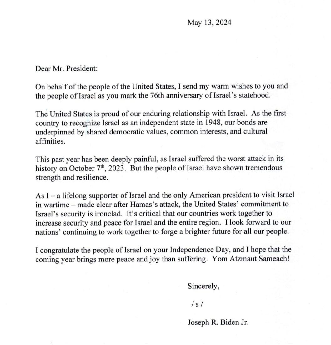 Thank you @POTUS Biden for your beautiful message to me on Israel's 76th Independence Day. The important bond between our nations is indeed ironclad and steadfast, and it must be kept as strong as possible!