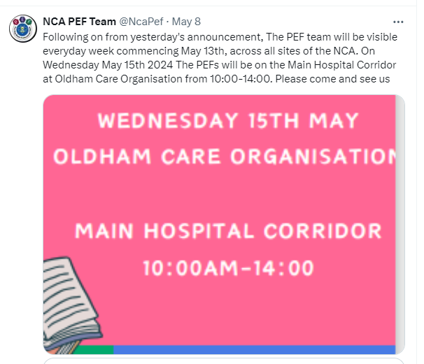 📢👀 We will be on the move tomorrow at Royal Oldham near the main entrance of the hospital do come down and visit us where the PEFs will be showcasing some useful resources👀📢#learning #learningatworkweek @NcallianceP @TNATeamNCA1 @CpdNca @OldhamCO_NHS