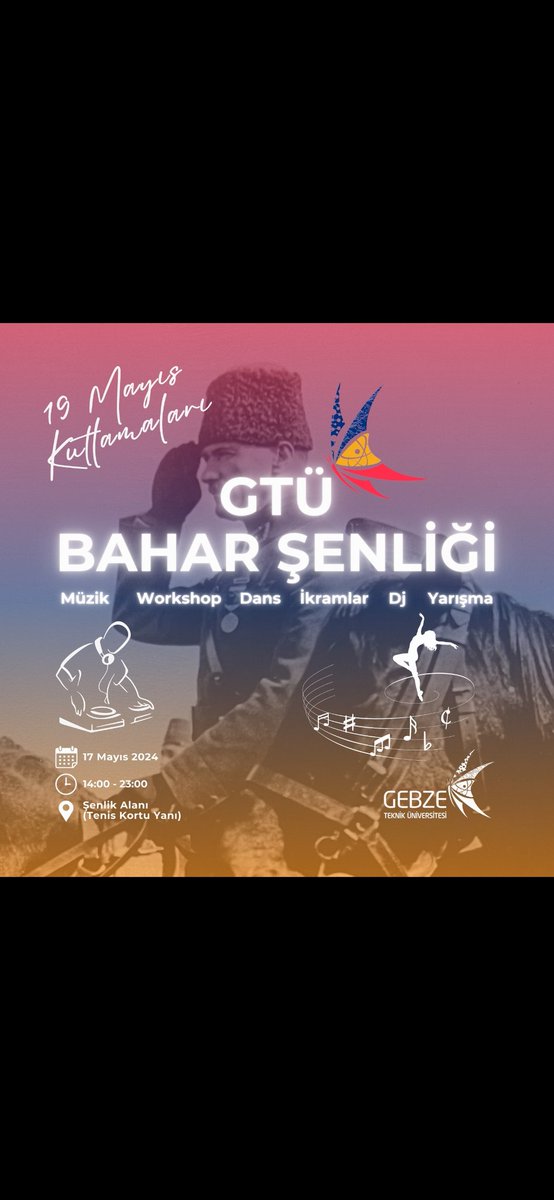 Gebze Teknik Üniversitesi (@gtuedutr) on Twitter photo 🇹🇷19 Mayıs Atatürk'ü Anma Gençlik ve Spor Bayramı kapsamında düzenlenen GTÜ Bahar Şenliği 17 Mayıs Cuma günü okulumuzda yapılacaktır. Şenliğimize tüm okul davetlidir.
🗓️ 17 Mayıs 2024
⏰ 14.00-23.00
📌GTÜ Şenlik Alanı
@dscgtu <a href="/GtuCosmos/">Gtu Cosmos</a> 🇹🇷19 Mayıs Atatürk'ü Anma Gençlik ve Spor Bayramı kapsamında düzenlenen GTÜ Bahar Şenliği 17 Mayıs Cuma günü okulumuzda yapılacaktır. Şenliğimize tüm okul davetlidir.
🗓️ 17 Mayıs 2024
⏰ 14.00-23.00
📌GTÜ Şenlik Alanı
@dscgtu <a href="/GtuCosmos/">Gtu Cosmos</a>