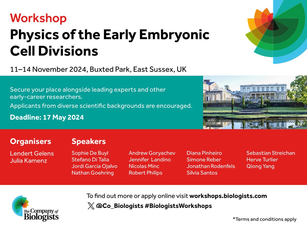 Final chance to apply for a funded early-career researcher place at our Workshop 'Physics of the Early Embryonic Cell Divisions' organised by Lendert Gelens @LendertGelens & Julia Kamenz @KamenzLab. Deadline: 17 May Apply at bit.ly/42Aifkx #BiologistsWorkshops