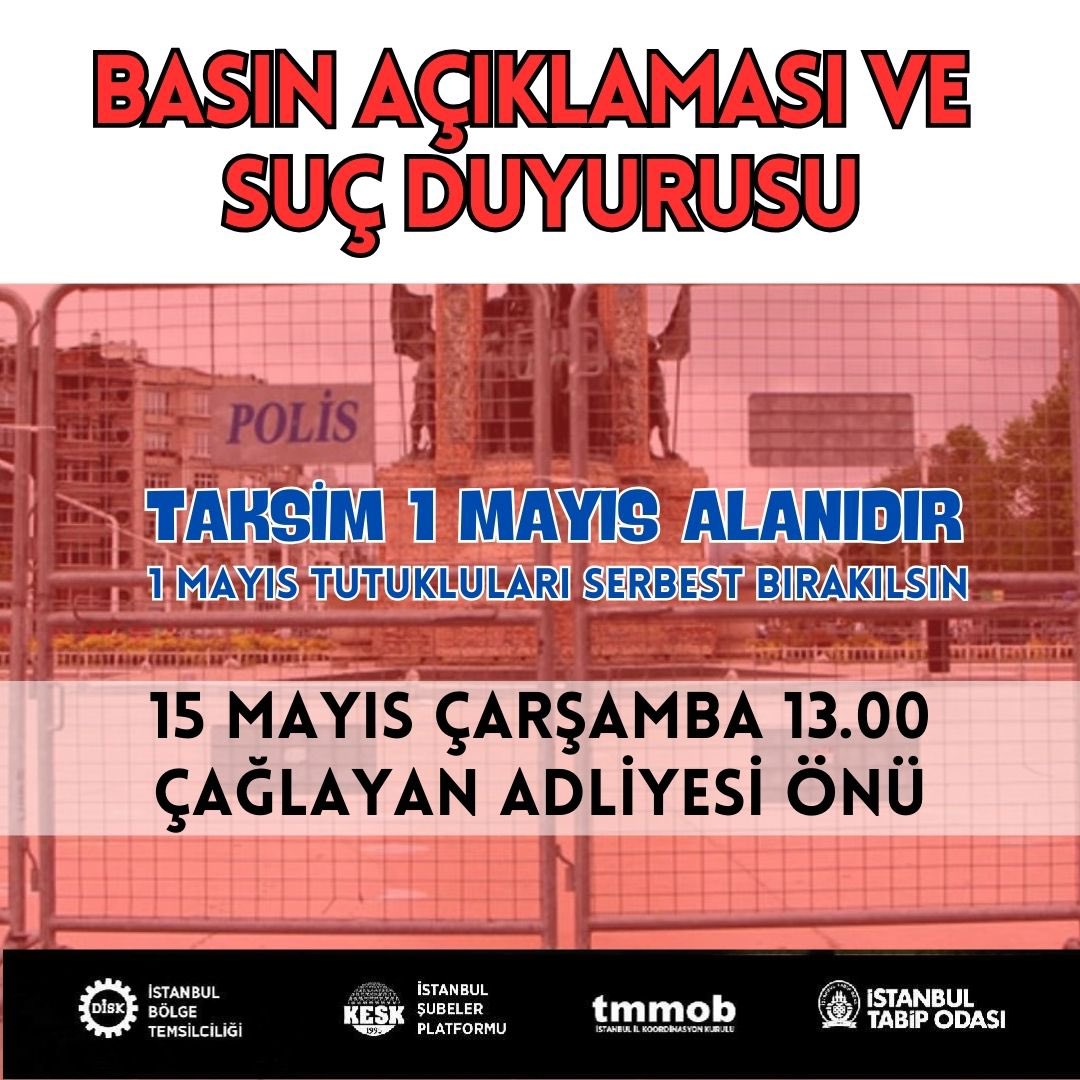 Anayasa Mahkemesi'nin 1 Mayıs'ta Taksim'de gösteri yürüyüşü düzenleme hakkını tanımayıp yürüyüşümüzü hukuksuzca engelleyenlere karşı Suç duyurusunda bulunuyoruz! Taksim 1 Mayıs alanıdır, 1 Mayıs tutukluları serbest bırakılsın! @KESK1995