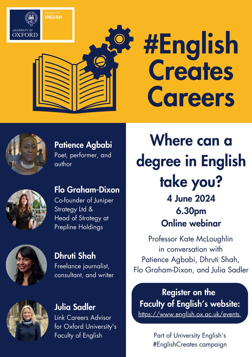REGISTRATION NOW OPEN! Find out more about the different career paths you can take with a degree in English at our FREE online #EnglishCreates Careers event on 4 Jun. Hear from from @engfac alums @PatienceAgbabi @dhrutishah & Flo Graham-Dixon. All welcome! english.ox.ac.uk/event/english-…