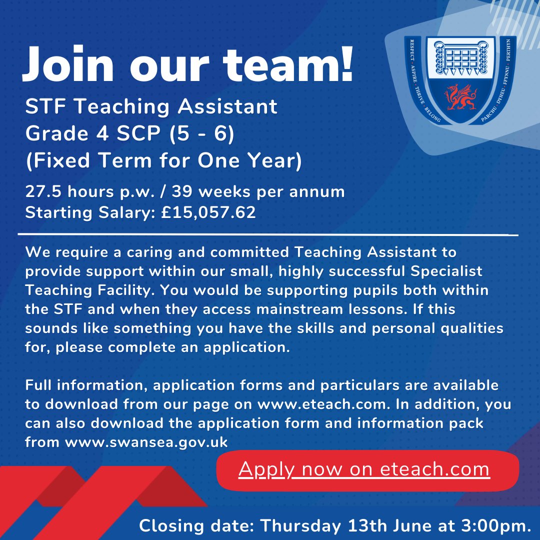We require a caring and committed Teaching Assistant to provide support within our small, highly successful Specialist Teaching Facility, supporting pupils within the STF and in mainstream lessons. 

Check our link in bio to submit an application.
#swansea #jobs #schooljobs