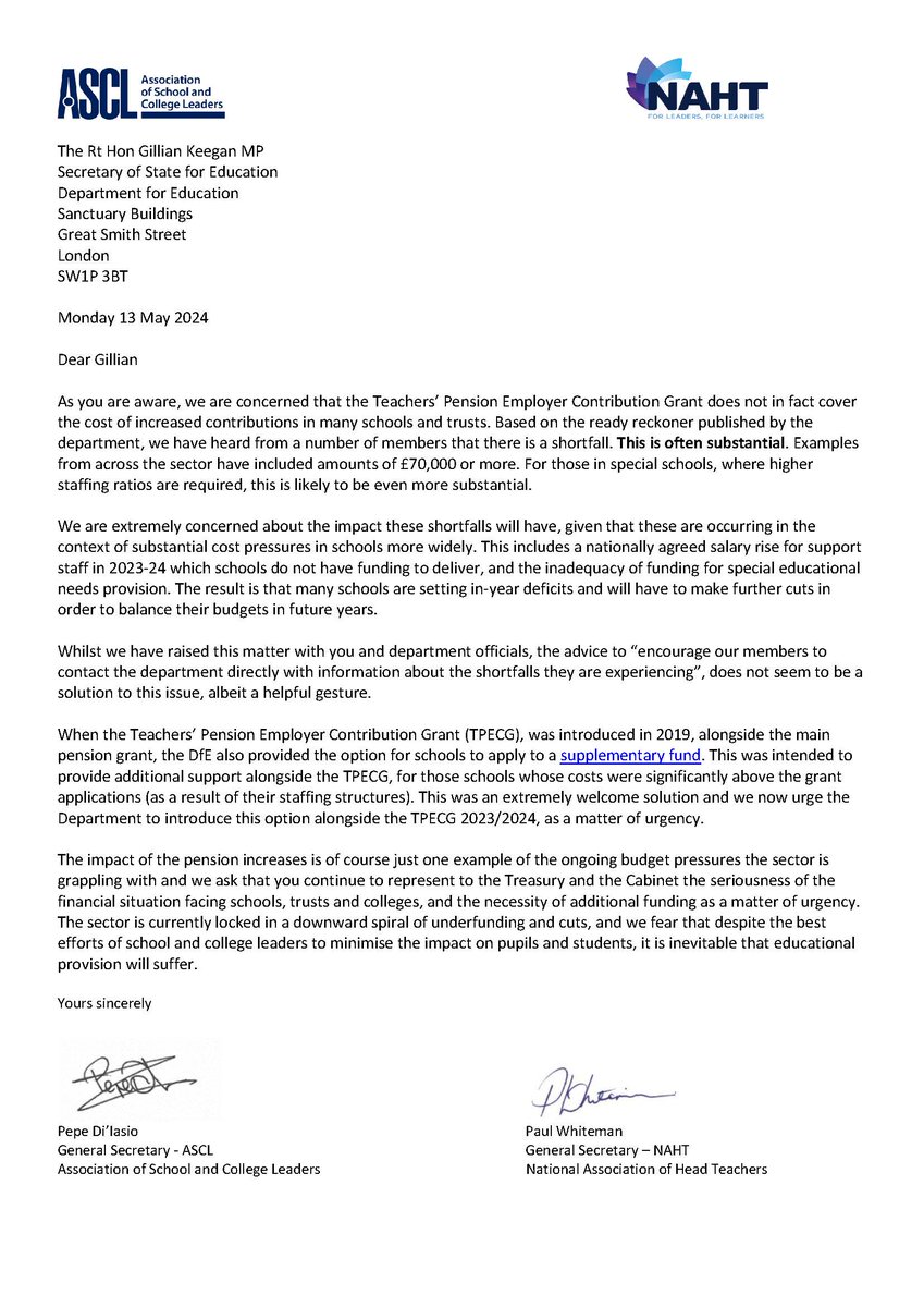 We have written to @GillianKeegan with @ASCL_UK over shortfalls in The Teachers’ Pension Employer Contribution Grant, which extend to £70,000 or more in some schools. Read the full letter 👇