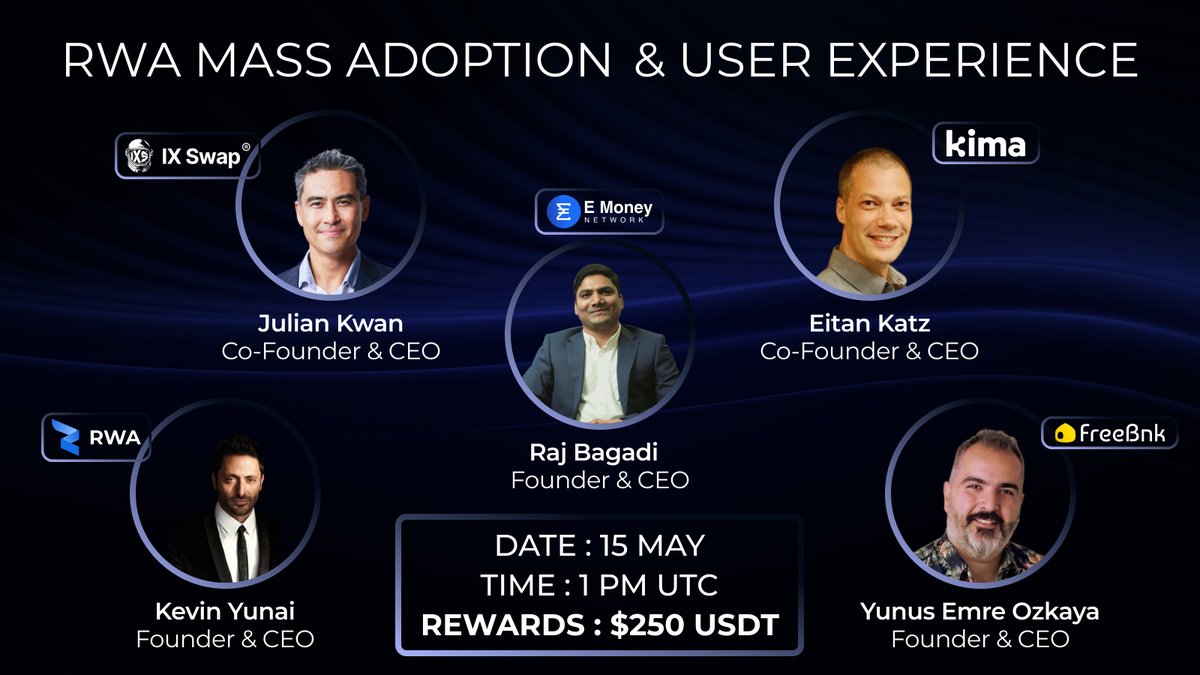 📢An exciting event is round the corner! Join @free_bnk's X Spaces where leaders from the #RWA industry will be discussing #RWA mass adoption and user experience in crypto 🙌 🚀 🎙️ Speakers: 🔥@raj_bagadi, Founder & CEO of E Money Network 🔥@kevinyunai, CEO & Founder of