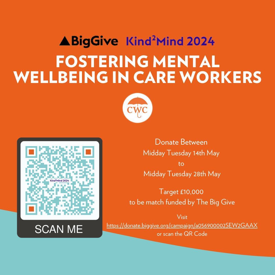 📣 The #BigGive #Kind2Mind campaign starts today at midday! Are you doing any fundraising for #TheCareWorkersCharity?❓Help us to raise our £10k target by donating and using this link (or scan the QR code in the image) for the two-week window: donate.biggive.org/campaign/a0569… ❤️#UKCharity