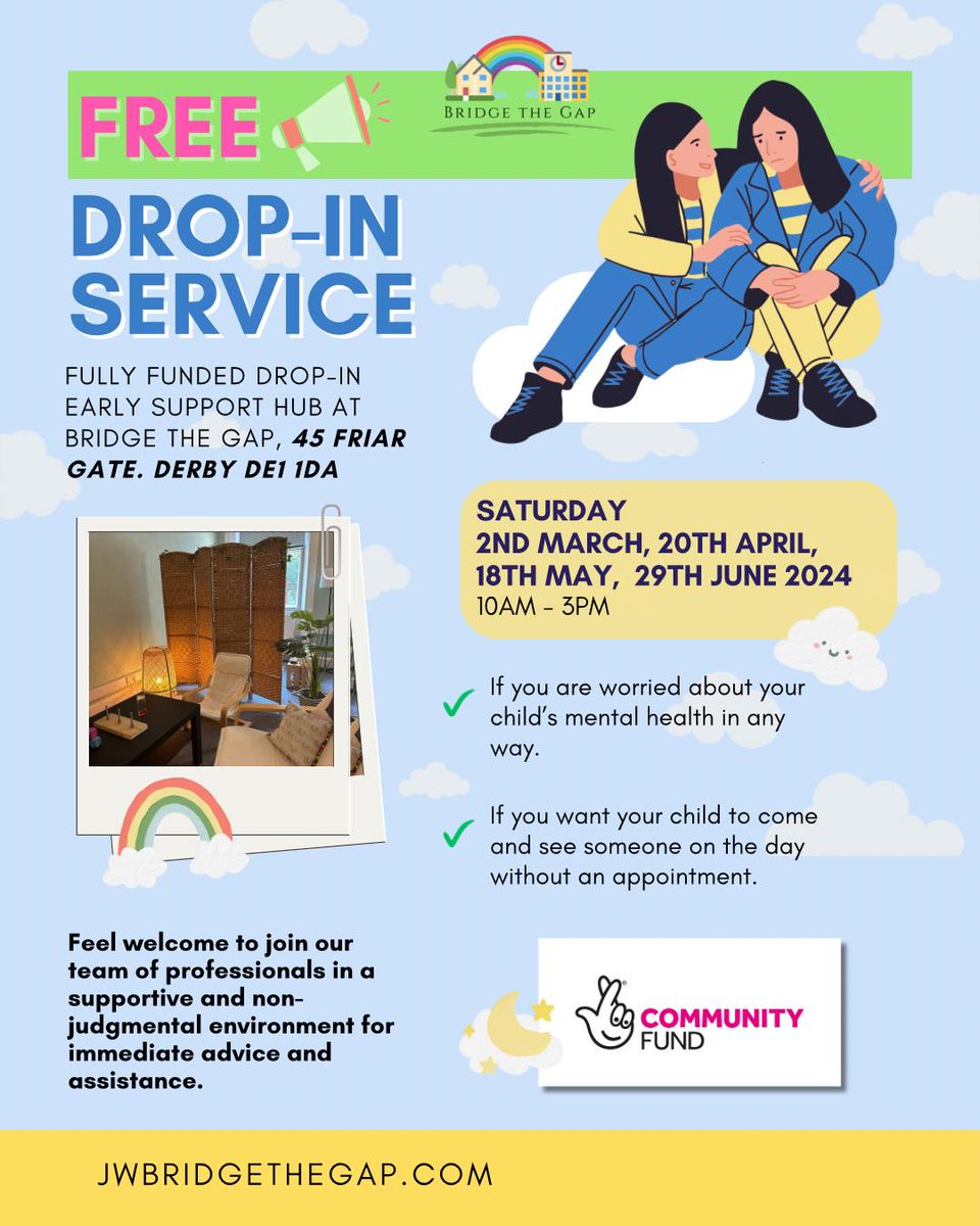 🌟This Saturday - @BridgetheGapFW Free drop-in support hub from 10am - 3pm!🌟 If you have concerns about your child's mental health these sessions are designed to help. You can bring your child with you.🌈 🏫 45 Friar Gate, Derby, DE1 1DA. ✉️info@jwbridgethegap.com 📞01332 600827