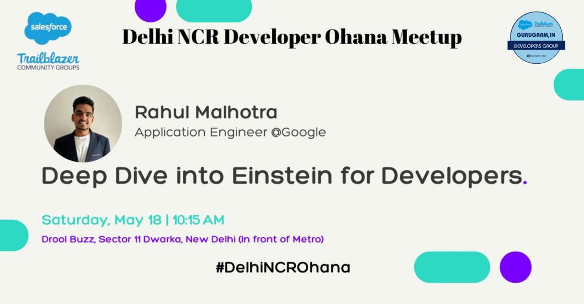Gurugram Developer's Community Group,India (@gurugram_sfdc) on Twitter photo ๐ ๐ Come and be a part of our upcoming in-person gathering in Delhi NCR on May 18 !
๐ Agenda:
- Deep Dive into Einstein for Developers with Rahul Malhotra
- Demystifying Einstein Copilot by Saagar Kinja
RSVP Here:- trailblazercommunitygroups.com/events/detailsโฆ
#TrailblazerCommunity #Trailhead ๐ ๐ Come and be a part of our upcoming in-person gathering in Delhi NCR on May 18 !
๐ Agenda:
- Deep Dive into Einstein for Developers with Rahul Malhotra
- Demystifying Einstein Copilot by Saagar Kinja
RSVP Here:- trailblazercommunitygroups.com/events/detailsโฆ
#TrailblazerCommunity #Trailhead