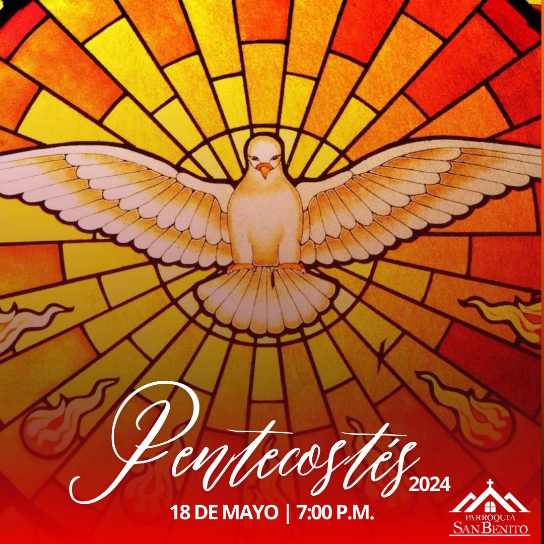 #Pentecostés
'Y quedaron llenos del Espíritu Santo'.

Vigilia de Pentecostés
Sábado 18 | 7.00 p.m

#ParroquiaSanBenito #EspírituSanto #Vigilia #Pentecostes2024