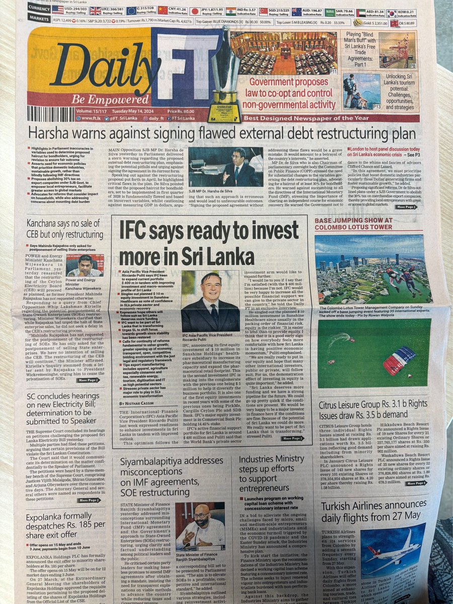 During my visit to #SriLanka, I had an insightful interview with @DailyFT discussing the country’s economic potential & the pivotal role of the private sector. We also discussed avenues that need to be explored for 🇱🇰 to achieve inclusive growth: ft.lk/top-story/IFC-…