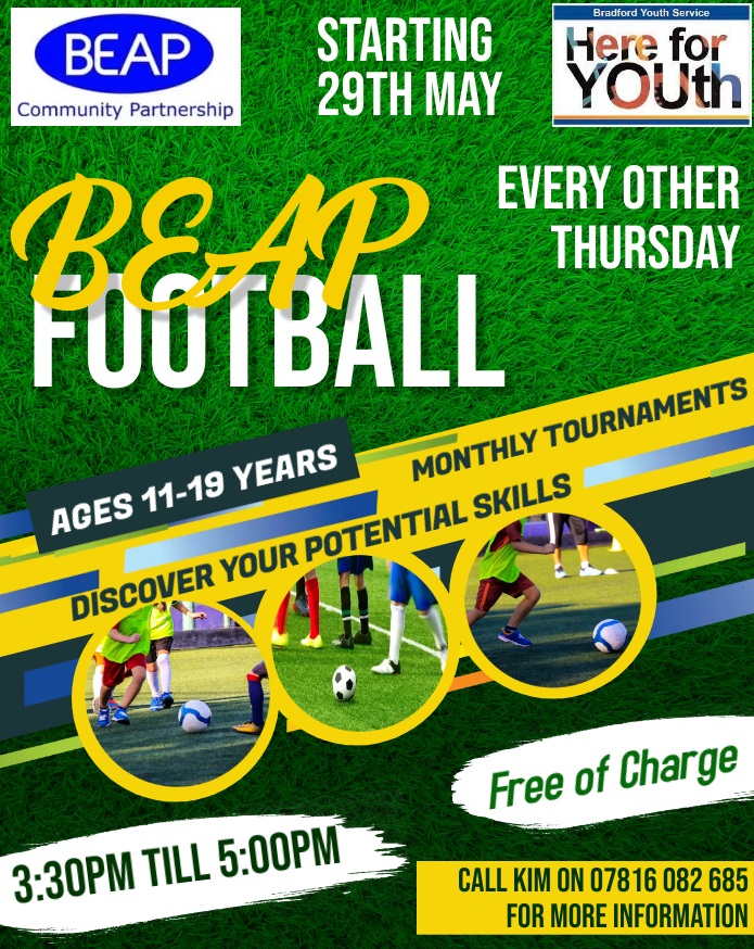 Football sessions at BEAP community partnership. 
#Manningham #Youthwork @YouthBradford @OasisListerPark @julescporter 
Contact Kim ...