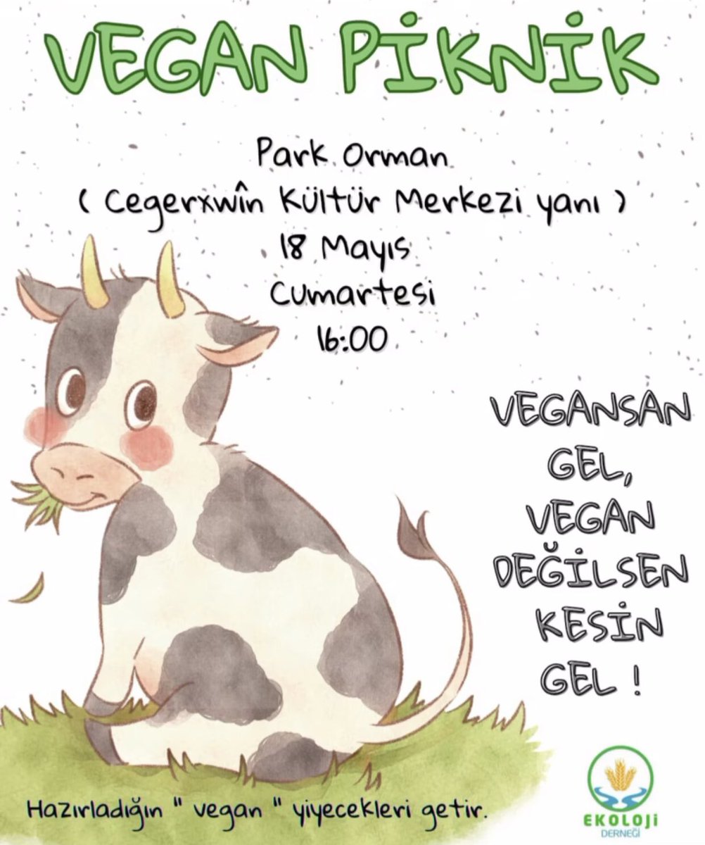 Cumartesi günü Vegan Piknik'te buluşalım.Kansız, zulümsüz, sömürüsüz bir sofra kuralım. Hayvan hakları ve veganlık üzerine sohbet edelim….✌️🍀 Derneğimizin Hayvan Hakları Komisyonun düzenlemiş olduğu bu pikniğe vegansan gelmelisin! Fakat vegan değilsen KESİN gelmelisin !