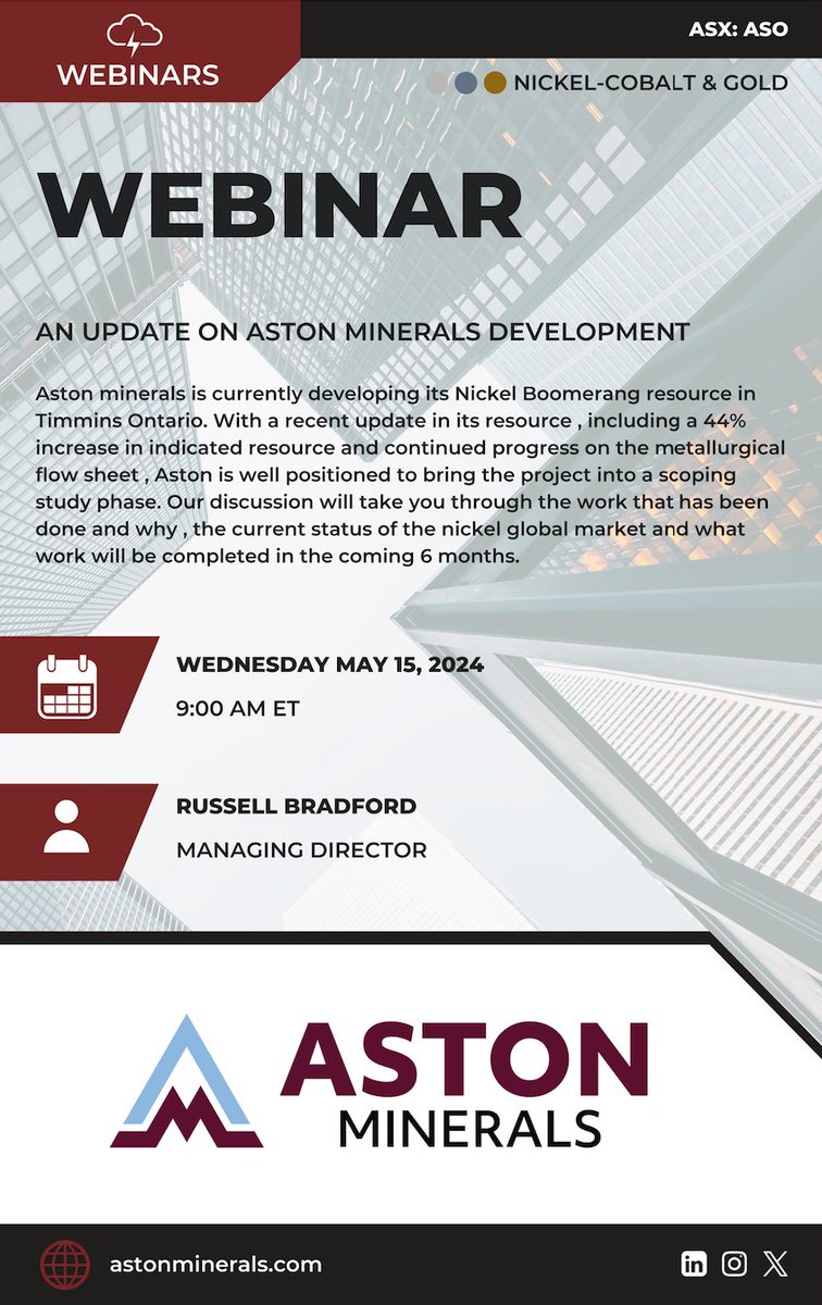 $ASO's Managing Director, Russell Bradford, will be presenting at the Red Cloud Webinar Series this Wednesday, May 15, at 9 am ET / 11pm AEST. You can register for this event here: redcloudfs.com/events/rcwebin…