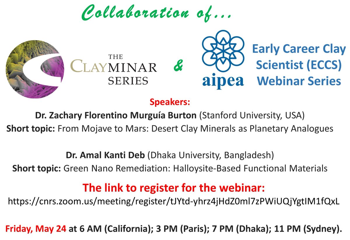 🌟Exciting Event!🌟 
A virtual get-together &amp; research talk! Learn, contribute, and network!
24 May' 24 | Time: 6AM (California); 3PM (Paris); 7PM (Dhaka); 11PM (Sydney)
Register: cnrs.zoom.us/meeting/regist…

Sincerely, 
Liva Dzene, Bhaba Biswas, and team. <a href="/CMG_minsoc/">Clay Minerals Group</a> <a href="/aipea_org/">AIPEA</a>