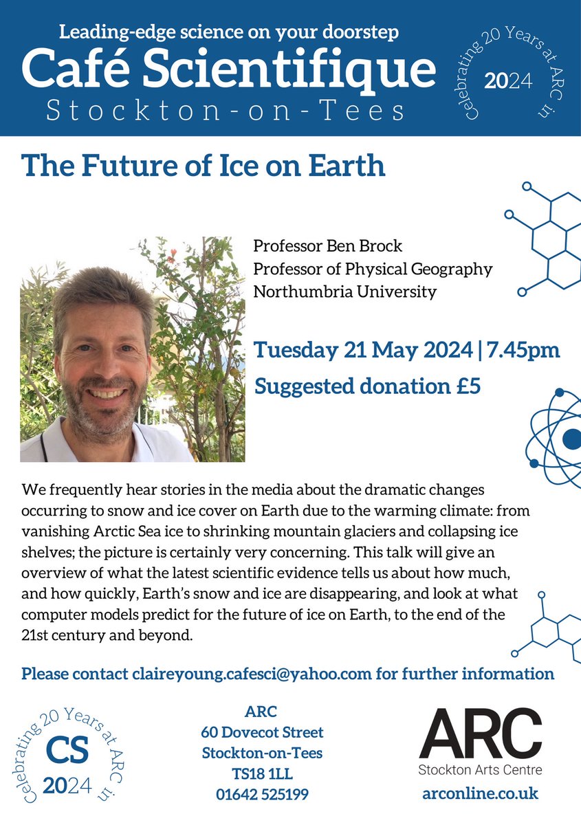 There’s just 1 week to go until we welcome May’s Cafe Scientifique with special guest Professor Ben Brock discussing The Future of Ice on Earth ❄️🌍 Booking not necessary - just turn up! 📅 Tue 21 May | 7.45pm