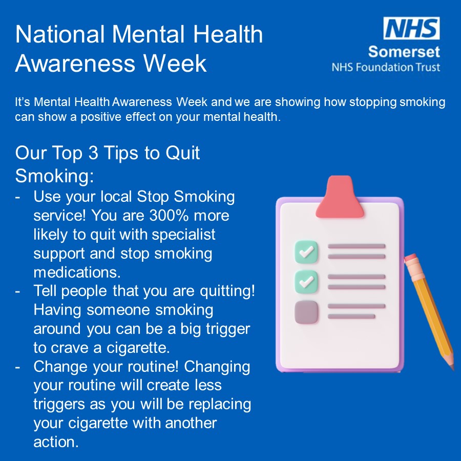 It is Mental Health Awareness Week, and we are showing how stopping smoking can show a positive effect on your mental health.

Here are our Top 3 Tips on how to quit smoking!

#MentalHealthAwarenessWeek #quitsmoking #somersetft #smokefreesomerset #smokefree #stopsmoking