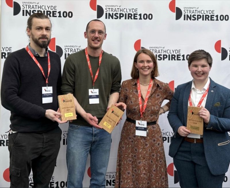 Great to see @StrathBusiness alumni Garance Locatelli and Mark Smith (centre two in photograph) win a pitching award at the Strathclyde Inspire 100 event - well done to all the winners!