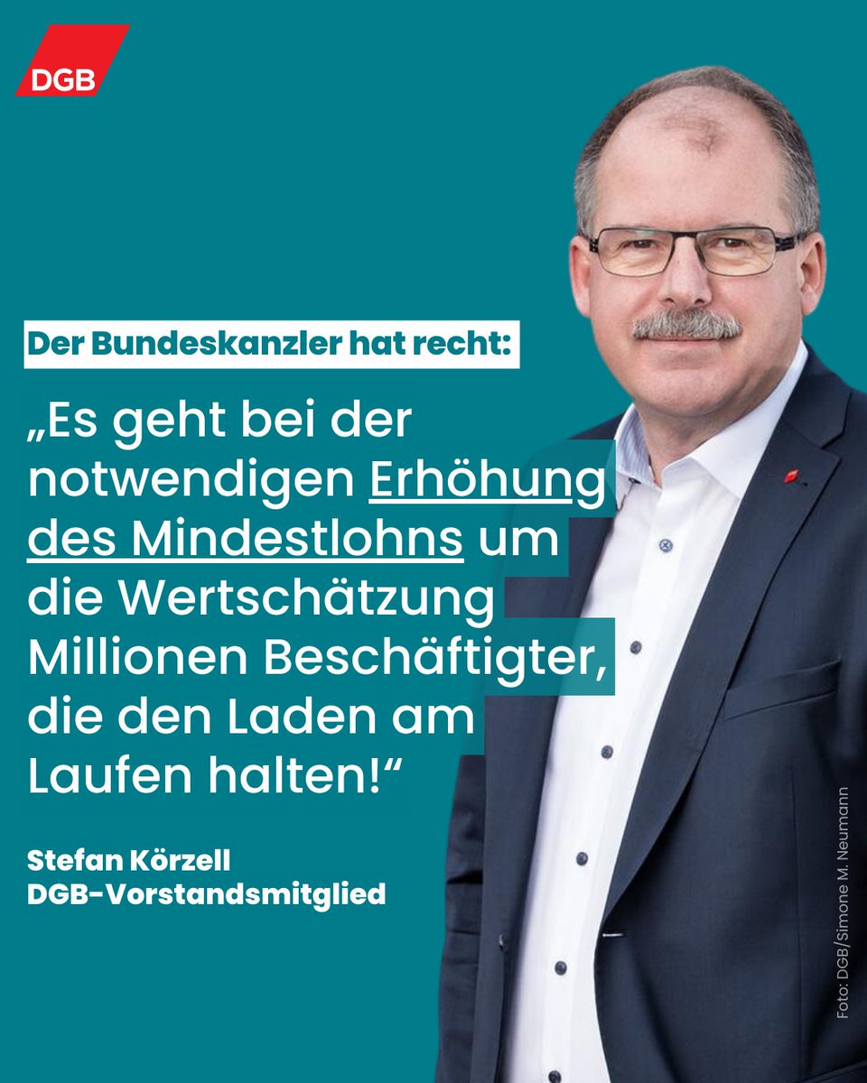 Nicht nur der @Bundeskanzler, auch wir halten den jetzigen #Mindestlohn für zu niedrig: "Es ist jetzt an der #Mindestlohnkommission, ihren Fehler noch selbstständig zu korrigieren, bevor die Politik eingreift", mahnt unser Vorstandsmitglied @skoerzell. dgb.de/geld/mindestlo…