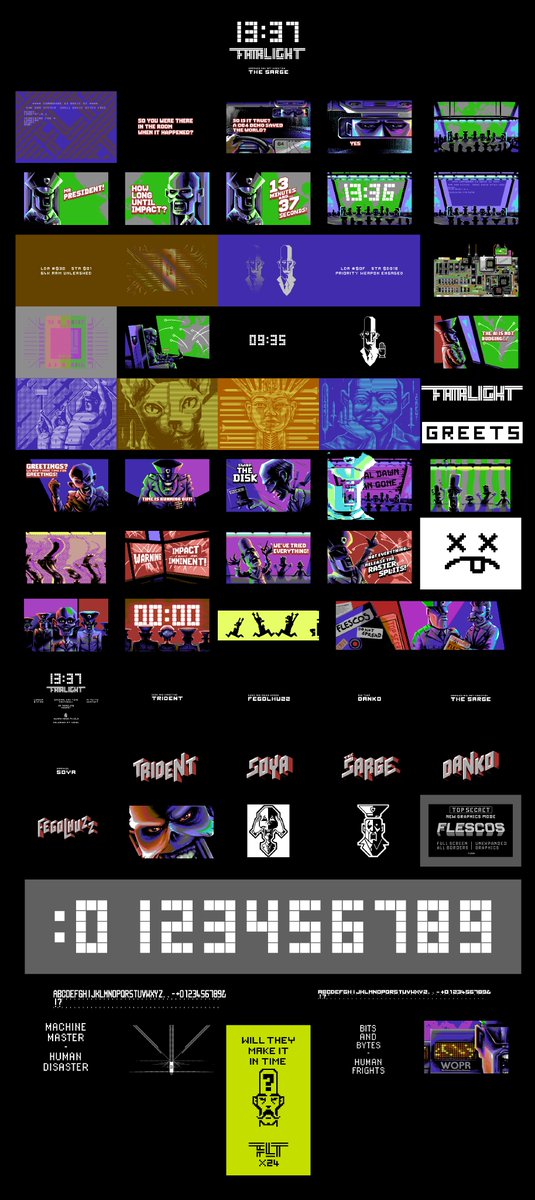 I have put together a collage of most of the graphics I made for our newly released demo 13:37 which won X24 this past weekend.

For the best experience go and watch the demo. Download on CSDb or watch on Youtube.

#c64 #commodore64 #pixelart #retro @XParty16 #art