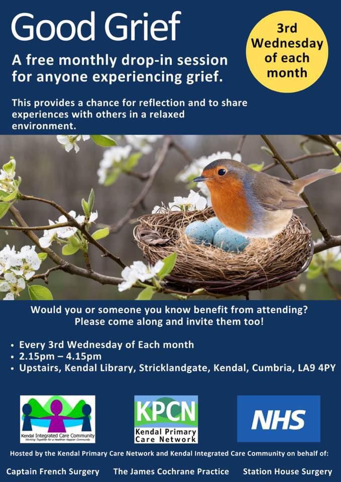 Good Grief is taking place at the slightly later time of 2:30-4:00pm tomorrow. We’ll be downstairs in the Pennington room at Kendal Library. Everyone welcome