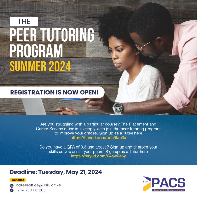 Are you struggling with a particular course? Don't fret! The Placement and Career Services (PACS) is recruiting peer tutors and tutees for the Summer Semester 2024 PEER TUTORING PROGRAM. Sign up now to boost your knowledge and unlock the door to academic success! 🔗 Tutor: