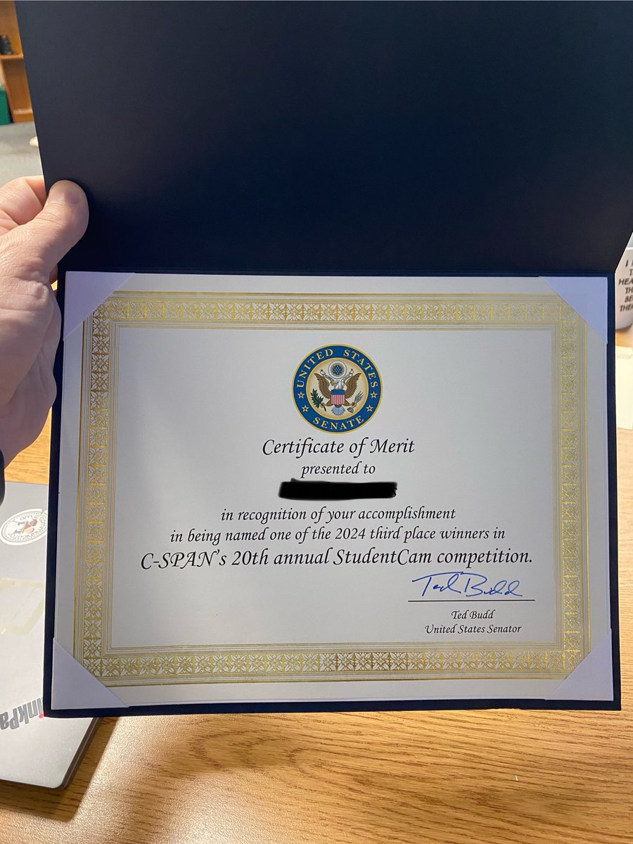 Thank you <a href="/SenTedBuddNC/">Senator Ted Budd</a> for this recognition of our <a href="/StudentCam/">StudentCam</a> winners.  What an awesome keepsake!
