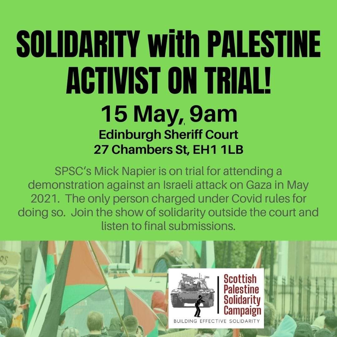 My friend @micknapier @scottishpsc is on trial for opposing the Israeli genocide in #Palestine If you're in #Edinburgh tomorrow, please give Mick your support & solidarity #StoptheGenocideNow #StopZionism #FreePalestine @ggectee @ScottishPEN @ricky_ballboy @ruthaylett