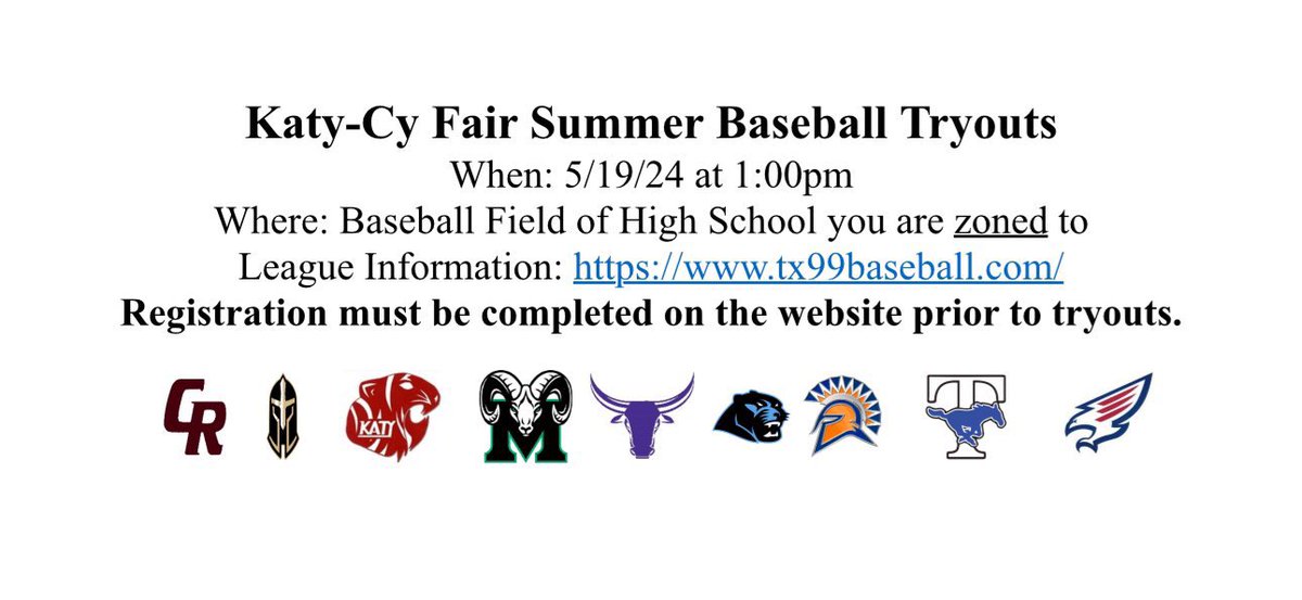 Don’t forget to sign up for summer ball!! Tryouts are Sunday at 1pm!! @MCHS_Rams @CreekRams @CardiffColts @Coach_Vela_ @MCJHGators @BearCreekLL @KatyISDAthletic