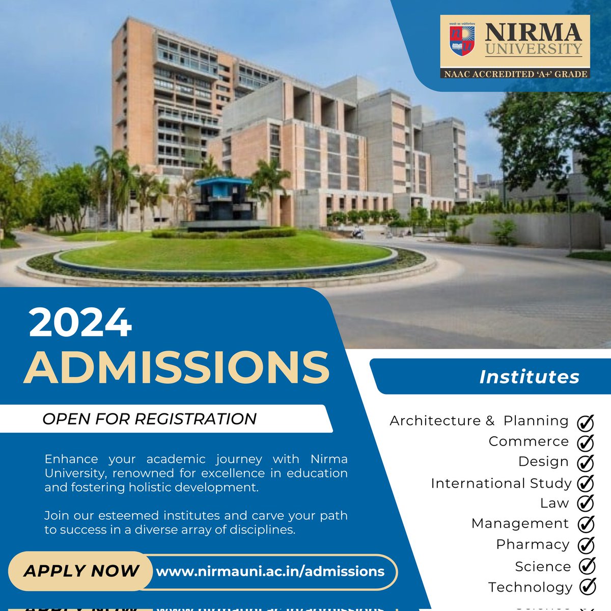 Admission 2024! Join Nirma University for academic excellence & holistic development. Apply now for Admission 2024 in diverse disciplines: Apply now: nirmauni.ac.in/admissions #NirmaUniversity #Admission2024 #HigherEducation #ApplyNow #Admission #Apply #Registration #Education