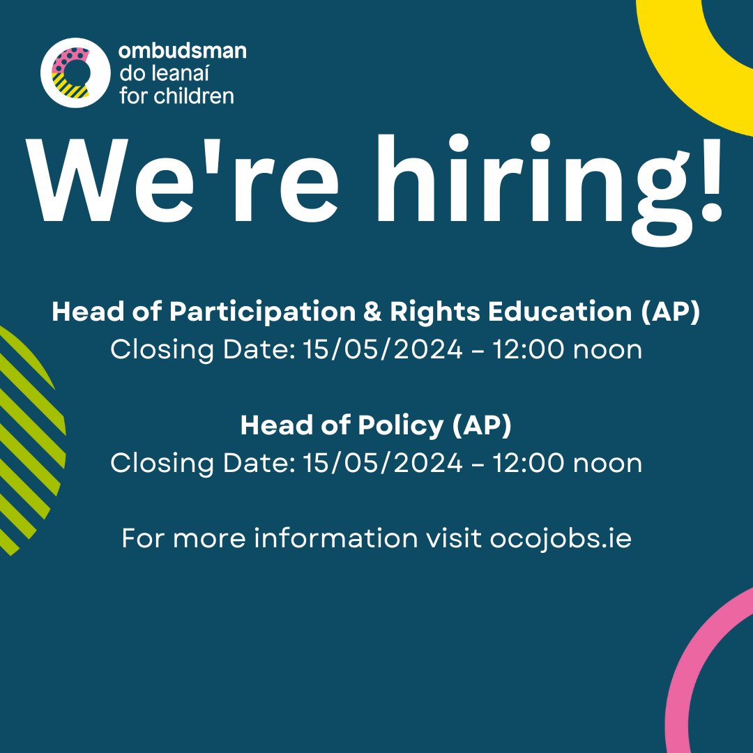 Join the OCO team! We're hiring at the Ombudsman for Children's Office for a number of roles across the office. For more info, head over to our website. oco.ie/about-us/vacan… #JobFairy #WereHiring