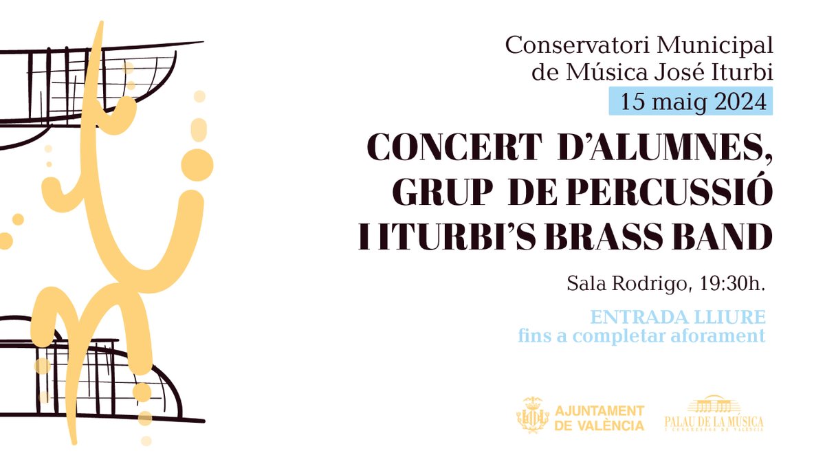 🎼El Grup de Percussió Iturbi i la Iturbi's Brass Band oferiran demà un concert gratuït, a les ⏰ 19:30 h, en la 📍 Sala Rodrigo del @palaumusicavlc. 🎟️Entrades gratuïtes, 2 per usuari. ▶️Recollida en taquilla o web una hora abans de l'inici. 🔗i.mtr.cool/beoucedqvx