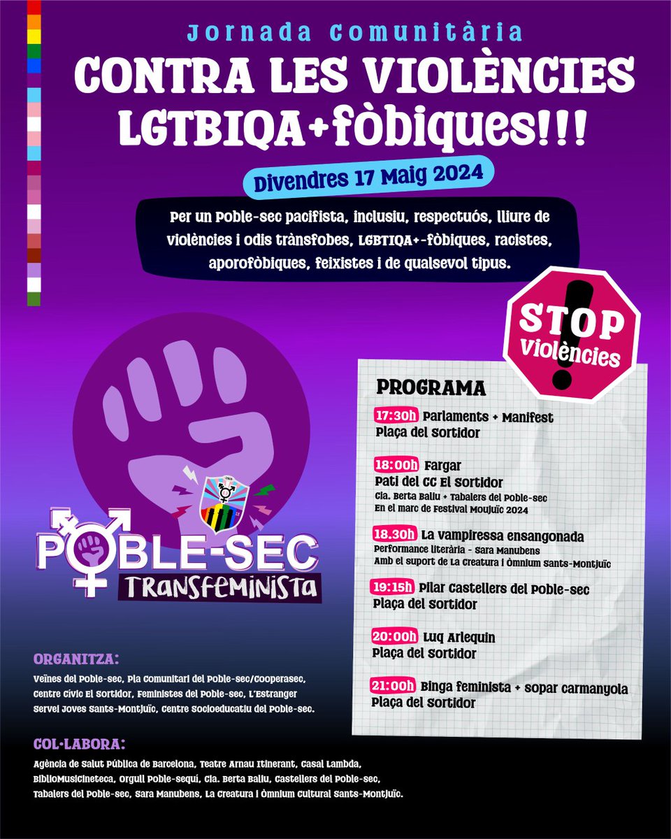Per un barri lliure d'agressions!
#visibilidadLGTBIQA+
#barrifeminista
#17maig
#feminismeinterseccional
#poblesecfeminista