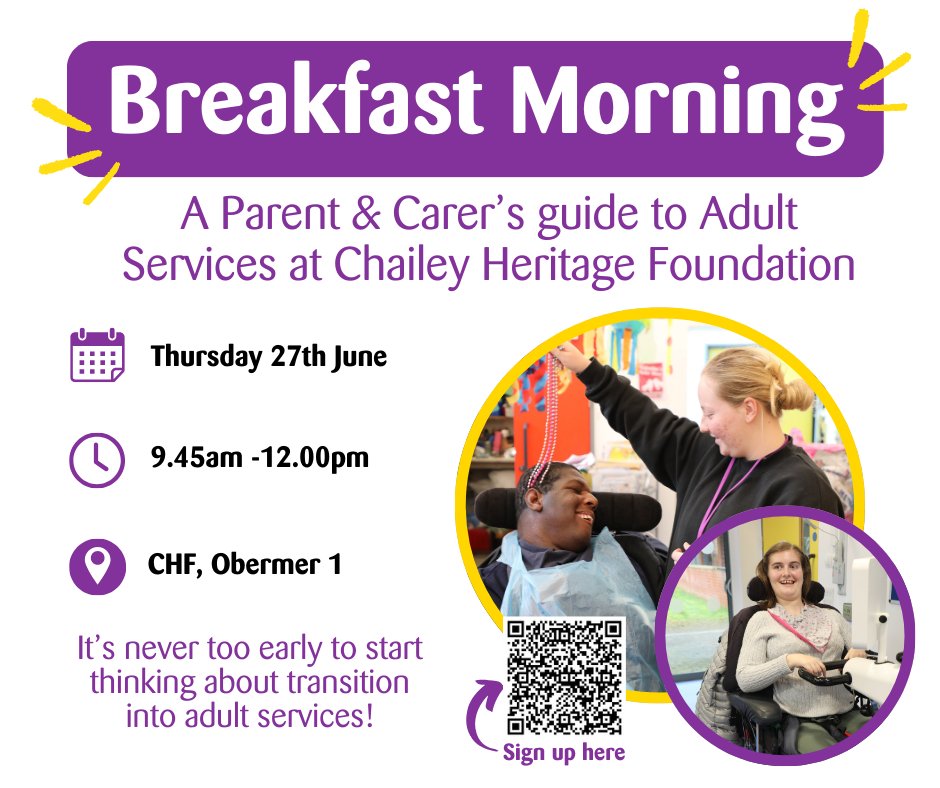 Transition to Adult Services ↗ Parents & Carers, join us for coffee and pastries at Chailey Heritage Foundation, on Thursday 27th June, from 9.45am to 12.00pm Sign up here: tinyurl.com/AdultServicesC… #breakfastmorning #Transition #AdultServices #CHF