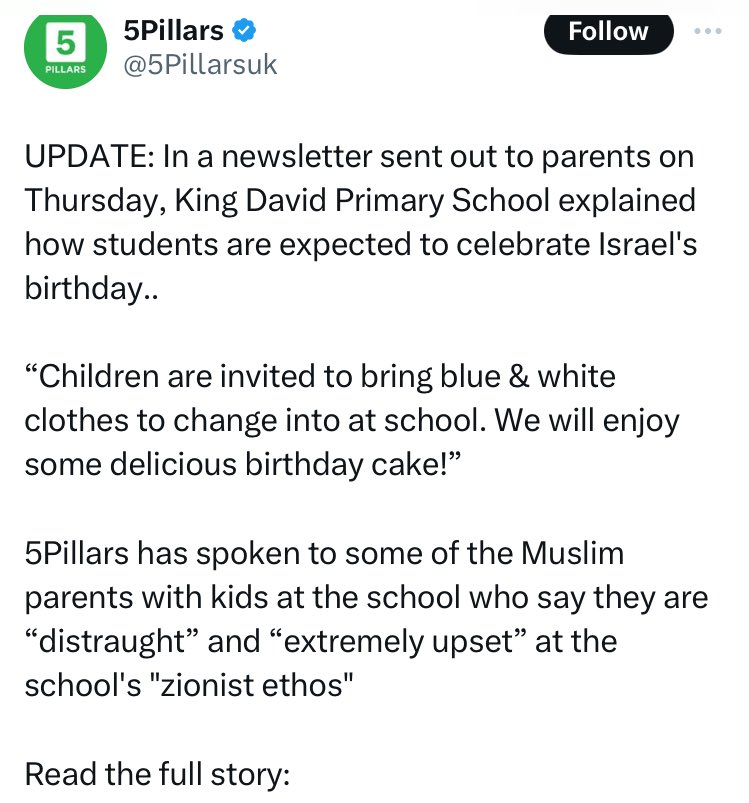 There is not a single parent who will have sent their child to the school (named after the Biblical King David) who won’t have known the school’s “Zionist ethos” going in. The idea that an annual event is some sort of horrifying surprise to them now is a pathetic falsehood.