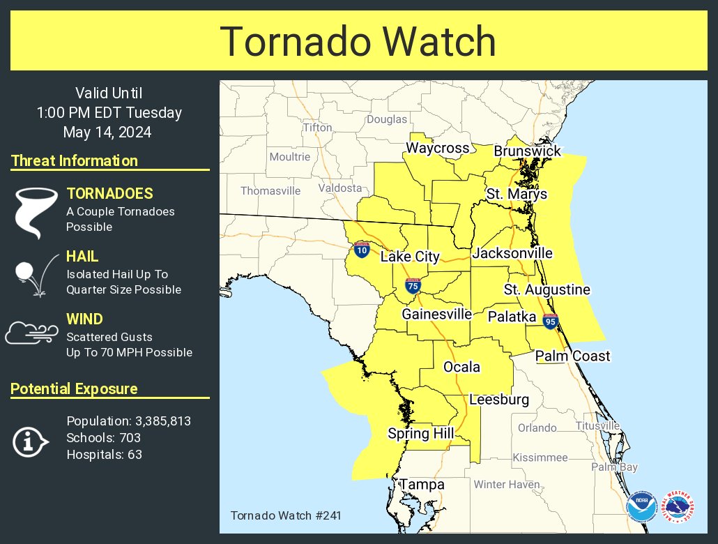 A tornado watch has been issued for parts of Florida and Georgia until 1 PM EDT