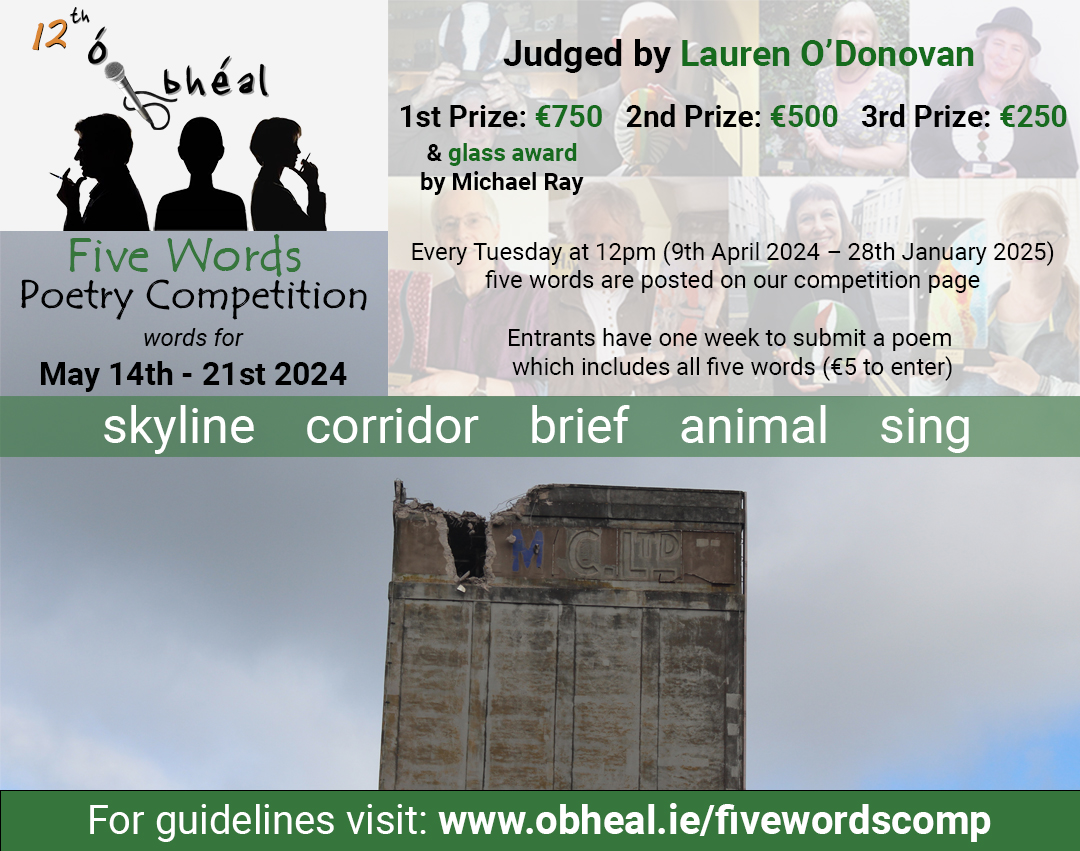 The five words for 14th - 21st May 2024 are: skyline ~ corridor ~ brief ~ animal ~ sing Submission guidelines: http://obheal.iefivewordscomp @poetryireland @MunLitCentre @artscouncil_ie #Five #Words #Poetry #Competition Photo by Brendan Duffin