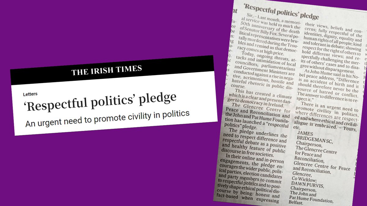 'An urgent need to promote civility in politics, where differences are respected and where ethical and civil dialogue is embraced.' Glencree Chair James Bridgeman SC & @humefoundation Chair Dawn Purvis in @IrishTimes➡️bit.ly/3yfHUnv #glencree4peace #respectfulpolitics