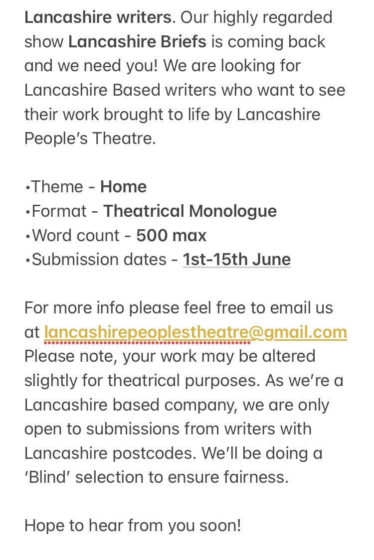 #LancashireBriefs rides again! We’re running our show again later this year and we’re looking for submissions. Please share throughout #Lancashire
