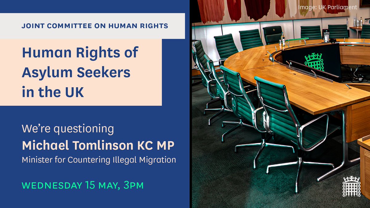 Tomorrow at 3pm we're examining the Government’s policies relating to asylum seekers and the impact they have on their human rights. We're taking evidence from Michael Tomlinson KC MP, the Minister for Countering Illegal Migration. Find out more: committees.parliament.uk/event/21590/fo…