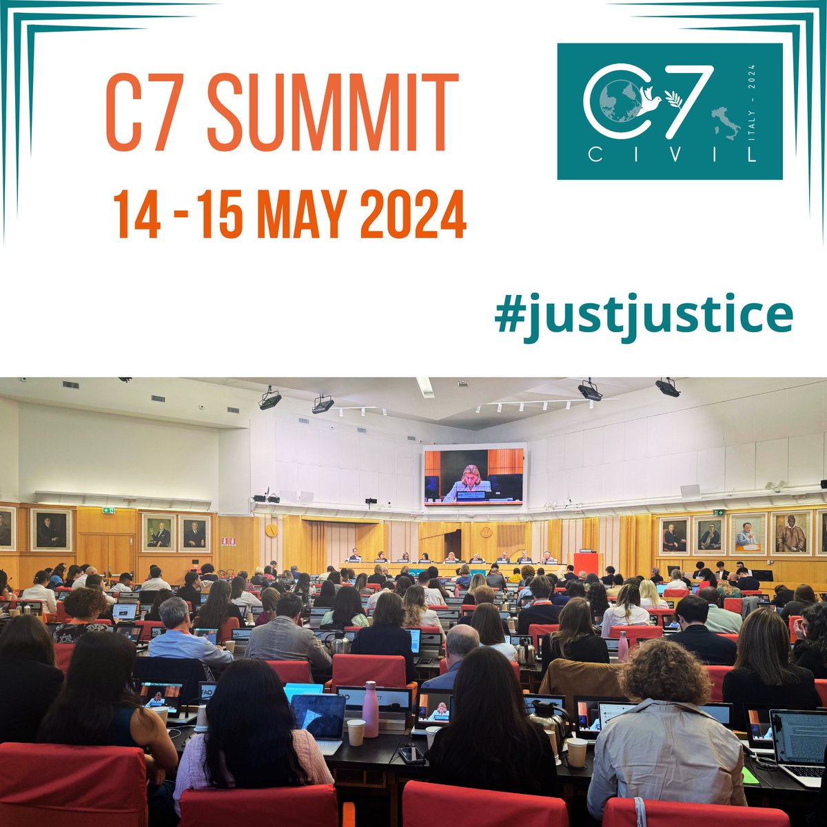 #JustJustice At the prestigious FAO headquarters, 400 people from around the world are participating at the C7 Summit two-day meeting. An high level event both in terms of the depth of the topics to be covered and the depth of the speakers #civil72024, #civil7Italy,#g7italy,