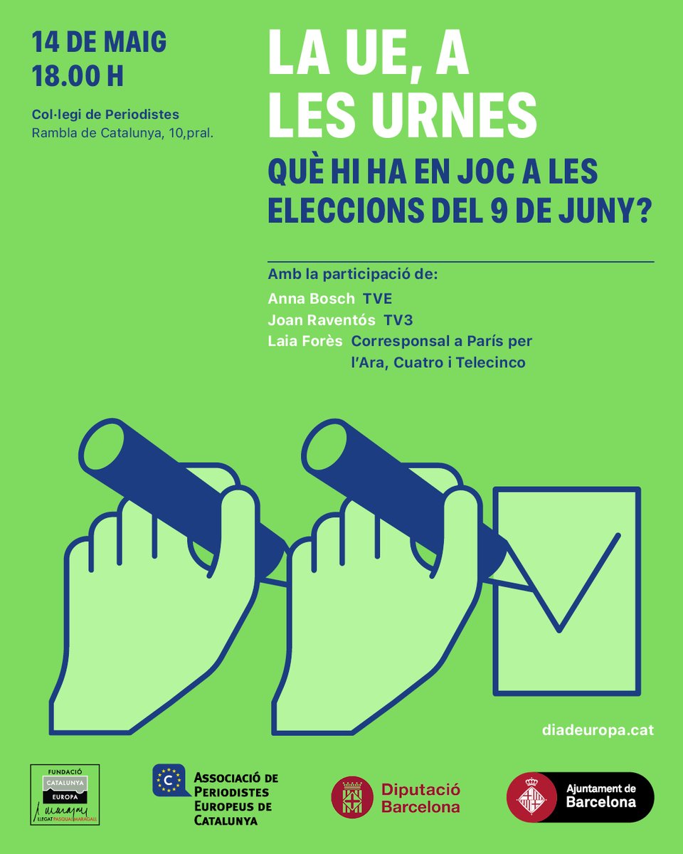 Avui, al Col·legi de @periodistes_cat tenim una cita. Passades les #Eleccions12M, toca posar la mirada en les #EUElections del 9 de juny. Ho farem amb tres experts en la matèria: @annabosch, @JoanRaventos i @Laia_Fores. Amb @APEC_CAT. #UseYourVote #Europeennnes2024