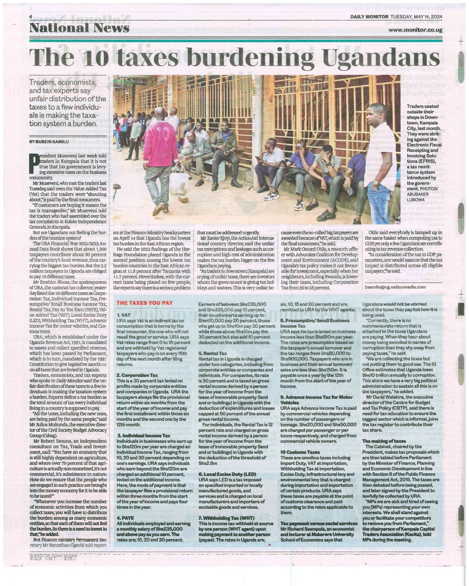 📢 Did you know? Uganda has about 3.5 million registered tax payers only. Today in @DailyMonitor, members of the Tax Justice Alliance Uganda discuss the heavy tax burden on Ugandans and reiterate the need for a just, inclusive and accountable tax regime. Read more👇 #TaxChatUG