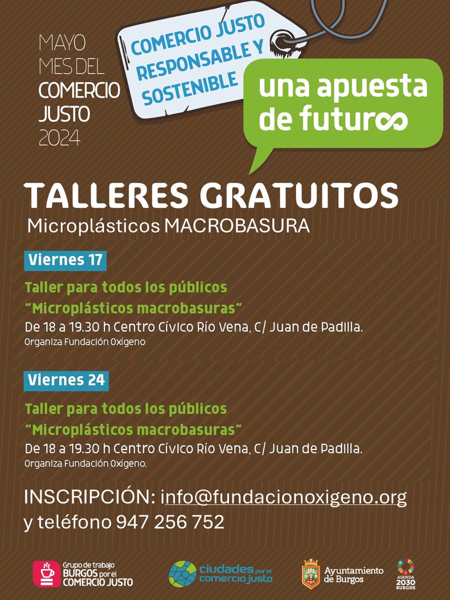 #Burgos 
¿Quién se anima?
Taller para todos los públicos 'microplásticos MACROBASURA', consumo responsable y comercio justo, para mejorar entre todos.
Si te quieres inscribir manda un email a info@fundacionoxigneo.org o llama al 947 256 752

@Aytoburgos #comerciojusto